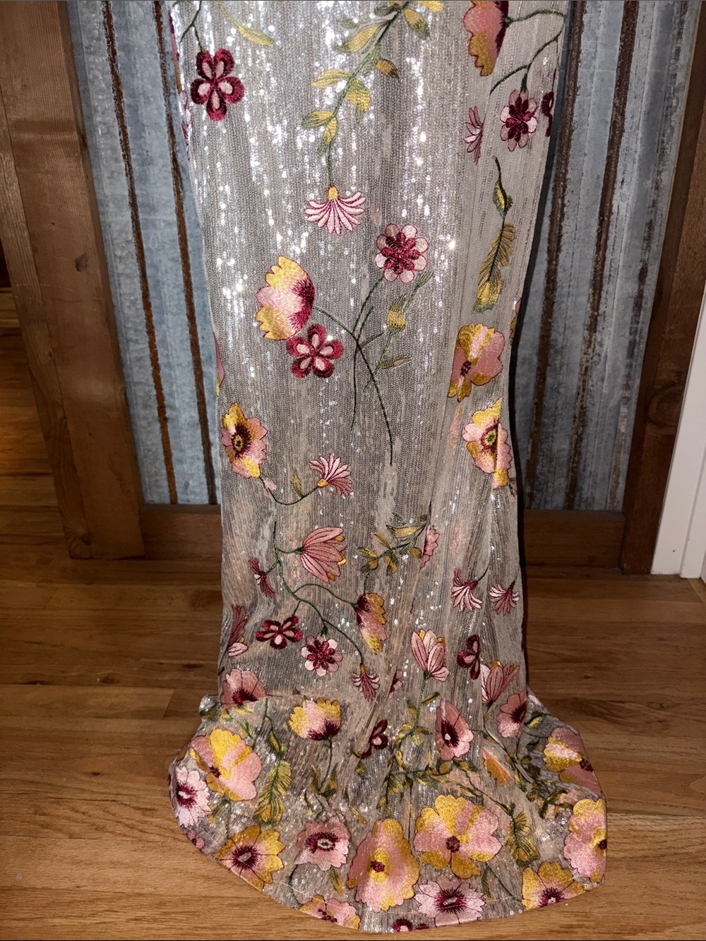 Macy's Silver Sequin Maxi Dress with Pink & Yellow Floral Embroidery - Picture 3 of 4